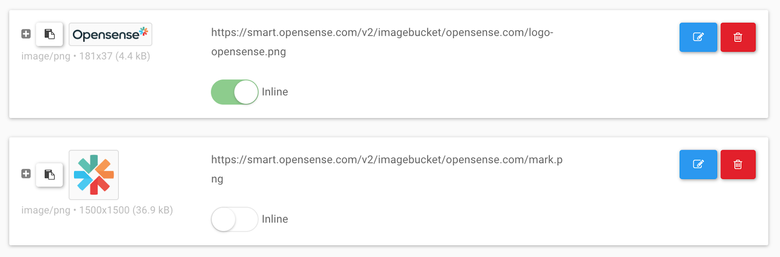Two images in the image bucket, one with the Inline toggle switched on and one with it off