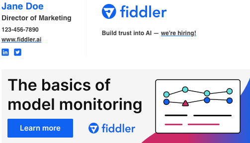 A signature with name, title, phone, website, and two social icons, a logo and hiring link on the right, and a wide banner with a Learn more button