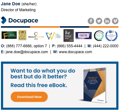 A signature with name, pronouns, and title, a logo with four social icons, a color-striped divider, a row of award badges, contact lines, and an eBook banner