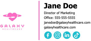 A two-column signature: a colored logo, a vertical divider, then name, title, office phone, email, website, and four round social icons