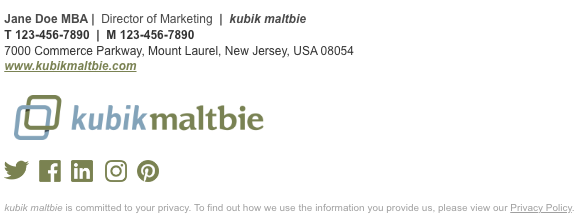 A signature with name, credential, title, and company on one line, phone numbers, street address, website, a large logo, five social icons, and a privacy note