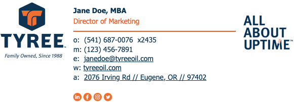 A signature with a logo and tagline on the left, then name, a colored title and divider, labeled contact lines, a slogan, and four social icons