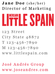 A narrow text signature in a typewriter-style font: name with pronouns, title, a red wordmark logo, address, phones, website, and a group name with its website