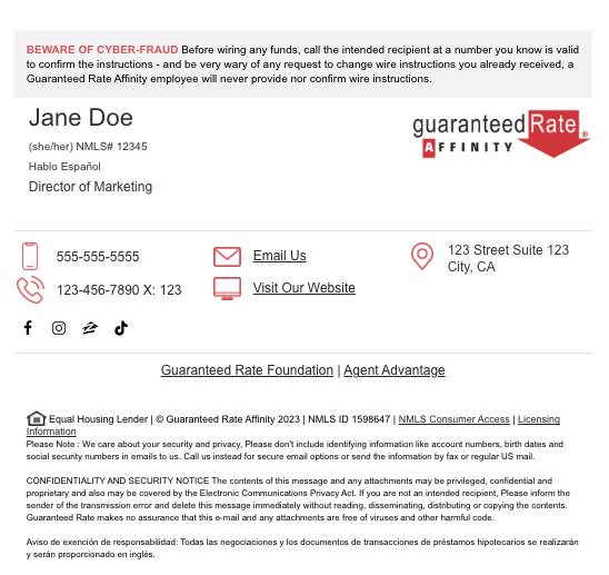 A signature with a fraud warning box, name, pronouns, license number, and title, a logo, icon-labeled contact lines, social icons, and long compliance disclaimers