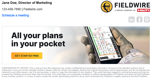 A signature with name and title, phone and website, a Schedule a meeting link, a logo and three social icons, a product banner, and a confidentiality notice
