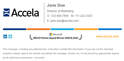A signature with a logo, vertical divider, name, title, phones, and email, a multicolor divider, two social icons, a partner award badge, website, and disclaimer