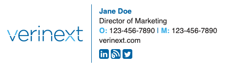 A two-column signature: a company wordmark, a vertical divider, then name, title, office and mobile phones, website, and three social icons