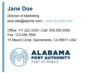 A signature with a colored left border: name, title, email, website, office, cell, and fax numbers, a street address, and a company logo at the bottom