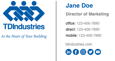 A two-column signature: a logo and italic tagline, a divider, then name, title, three phone numbers, website, and five social icons