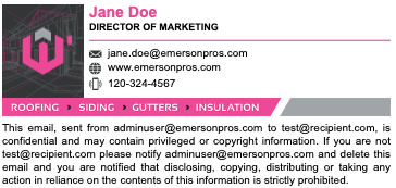 A signature with a dark logo tile, name and title, icon-labeled email, website, and phone, a colored bar listing four services, and a disclaimer