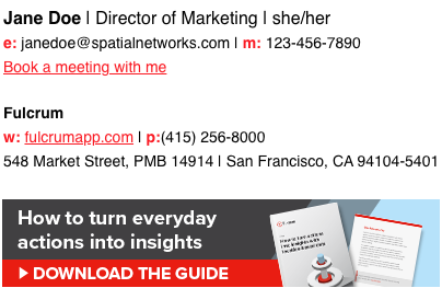 A text signature with name, title, and pronouns, email and mobile, a meeting link, company name, website, phone, street address, and a guide download banner