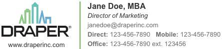 A compact signature: a logo with the website under it, a colored vertical divider, then name with credential, italic title, email, and three phone numbers