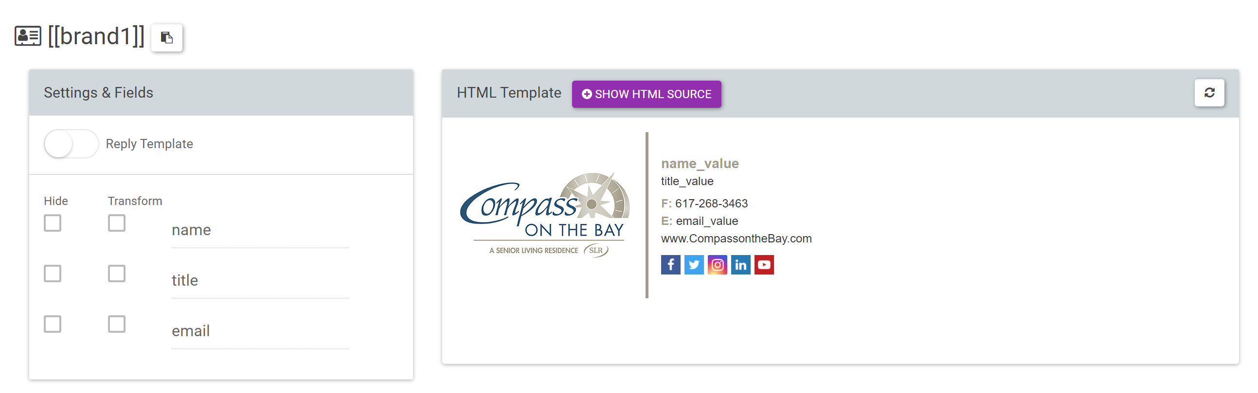 A signature template named brand1 in Designer Studio, with its fields and HTML template preview